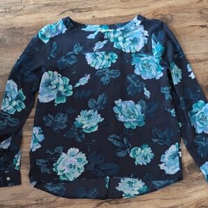 LOFT Navy Blouse with Colorful Floral Print